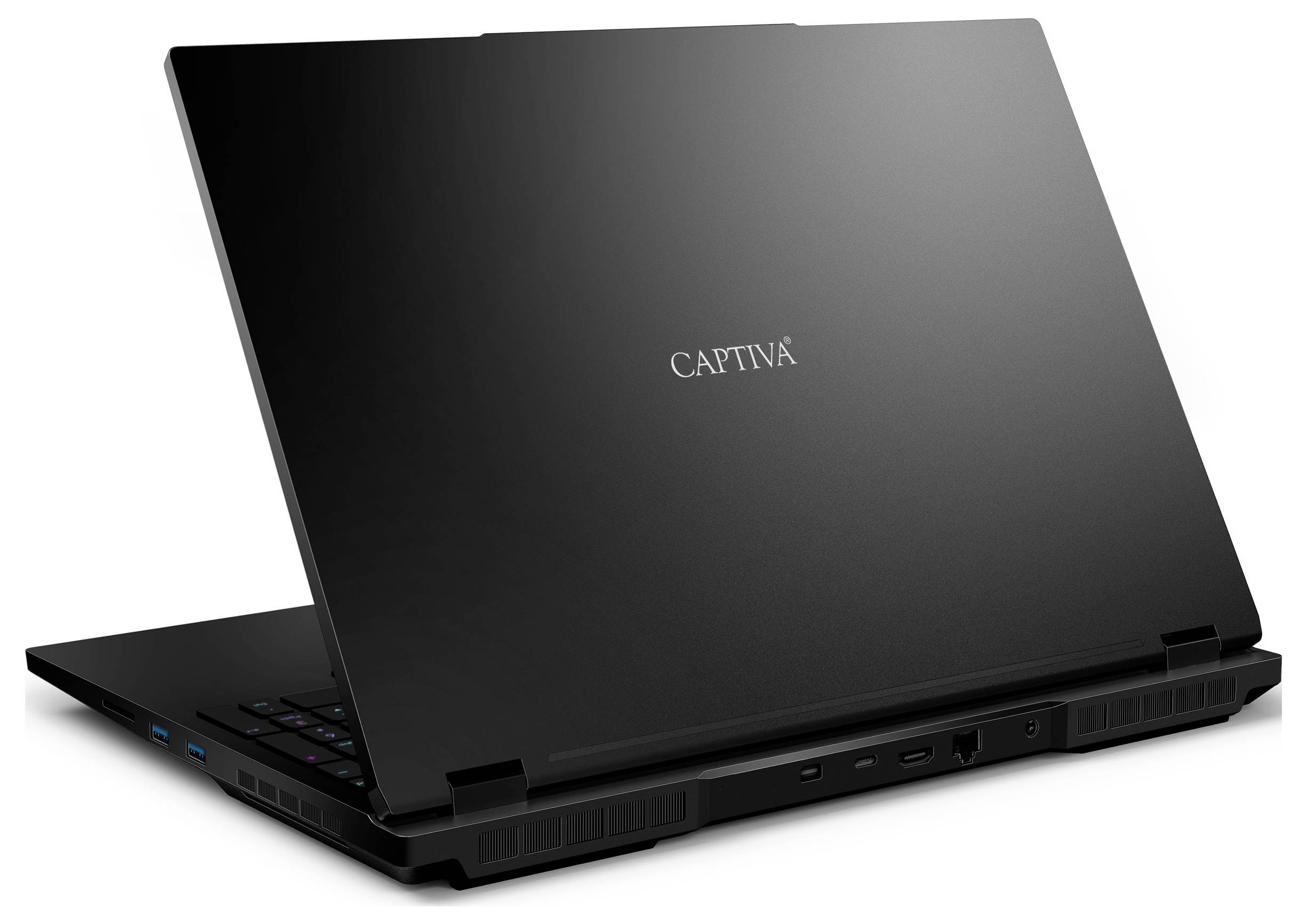 Laptop von hinten mit schwarz glänzendem Gehäuse und dem Schriftzug 'Captiva' auf dem Deckel. Bildschirm leicht geöffnet.