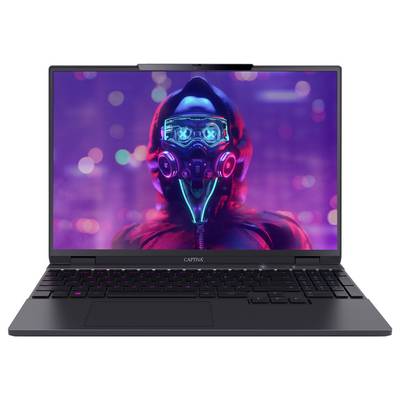 Ein geöffneter Laptop mit einem Bildschirm, der ein futuristisches Bild einer Person in einer leuchtenden Maske und Kapuze zeigt.