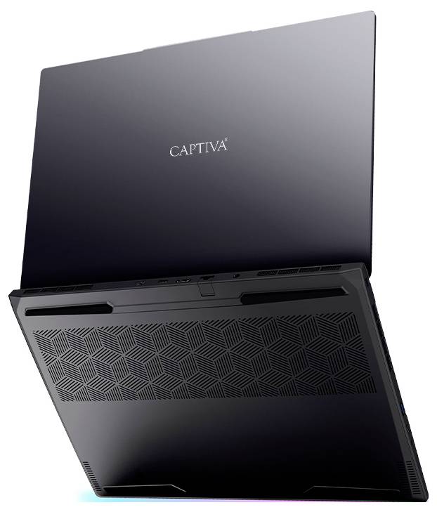 Ein teilweise geöffneter Laptop von hinten, Marke 'Captiva', mit geometrischem Muster auf der Unterseite und schlankem Design.