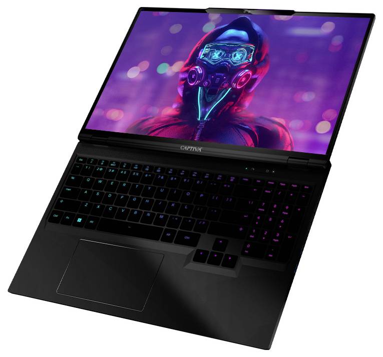 Ein aufgeschlagener Laptop mit leuchtender Tastatur und einem Bild von einer futuristischen Person in roter Kapuze auf dem Bildschirm.