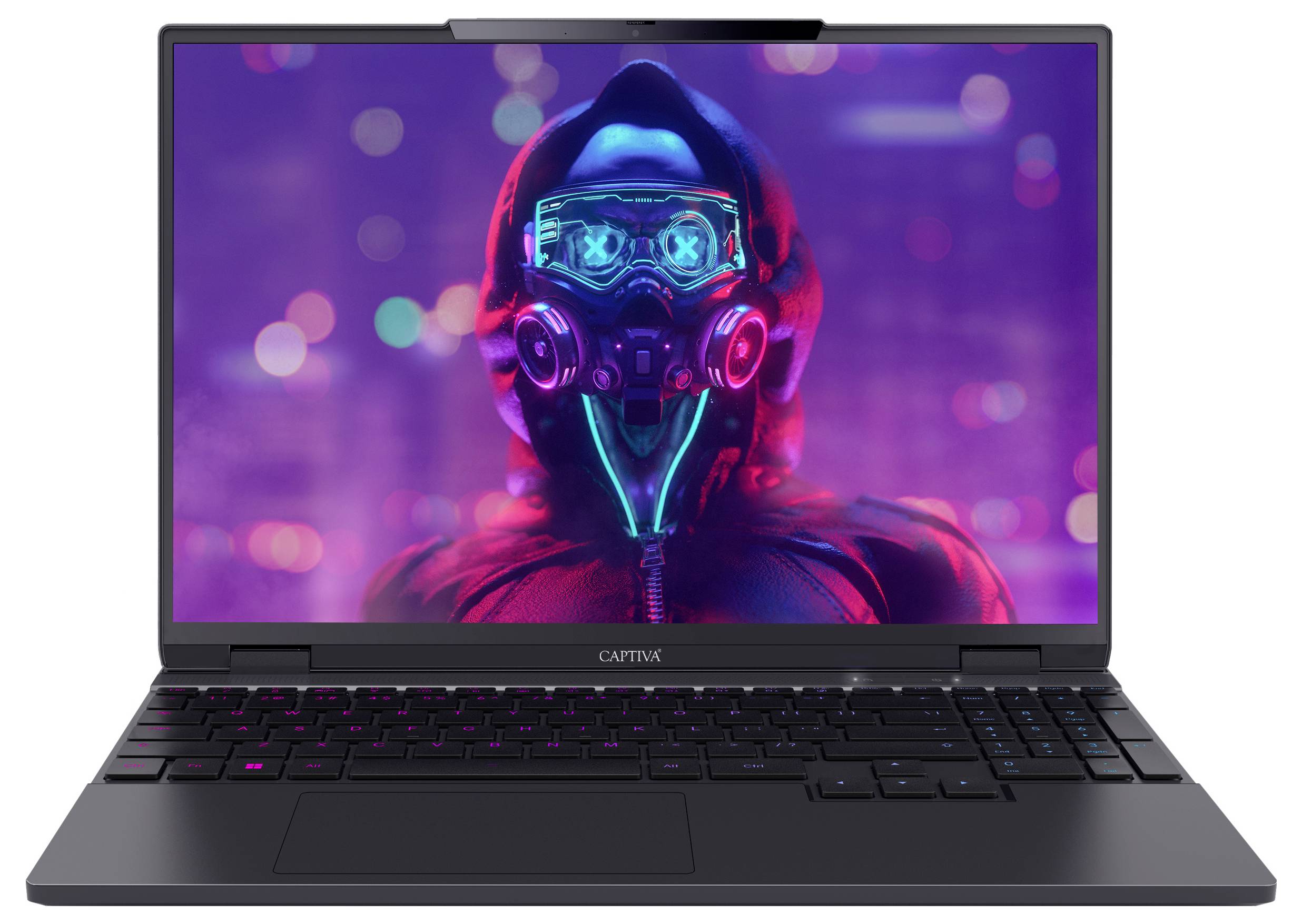 Ein Laptopbildschirm zeigt eine futuristische Person mit Maske in leuchtenden Farben vor einem unscharfen Stadtbild.