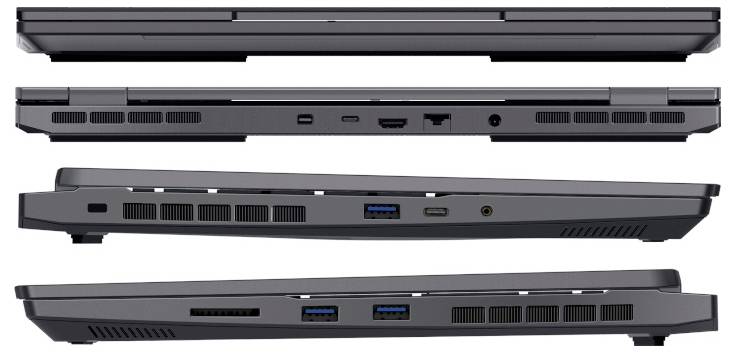 Seitenansicht eines Laptops mit mehreren Anschlüssen: USB, HDMI und Netzteilanschluss sind sichtbar. Der Laptop ist geschlossen.