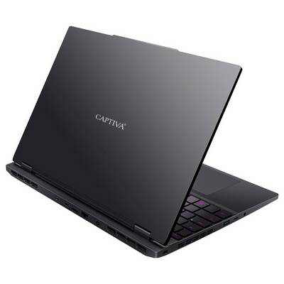 Ein halb geöffneter schwarzer Laptop mit der Aufschrift 'CAPTIVA' auf dem Deckel, beleuchtete Tastatur sichtbar.