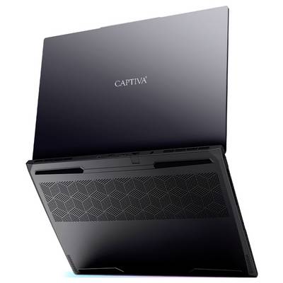 Laptop von Captiva, Ansicht von hinten und unten, geöffnet in einem Winkel, Lüftungsschlitze und geometrisches Muster sichtbar.