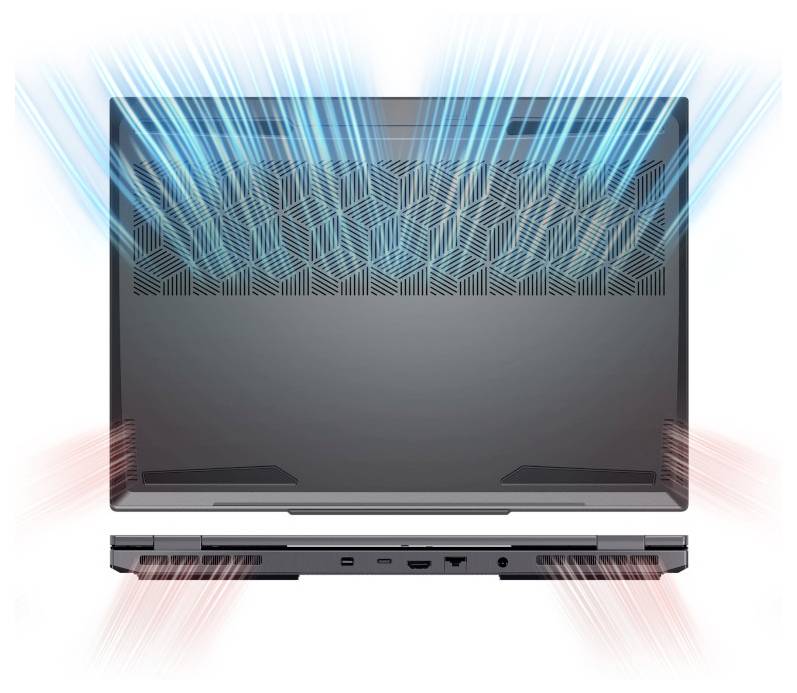 Ein Laptop von hinten, Lüftungsschlitze oben, darstellen kühle blaue und warme rote Luftströme, die ein effizientes Kühlsystem zeigen.