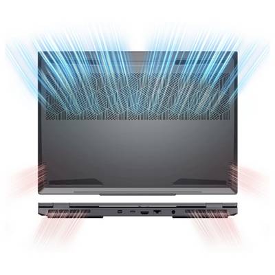 Ein Laptop von hinten, Lüftungsschlitze oben, darstellen kühle blaue und warme rote Luftströme, die ein effizientes Kühlsystem zeigen.
