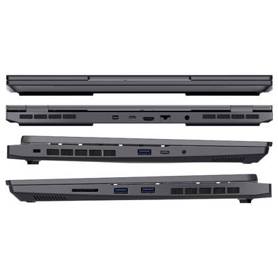Seitenansicht eines Laptops, der seine Anschlüsse zeigt: USB, HDMI, Ethernet und Audiobuchse. Vier Ansichten, um die Details darzustellen.