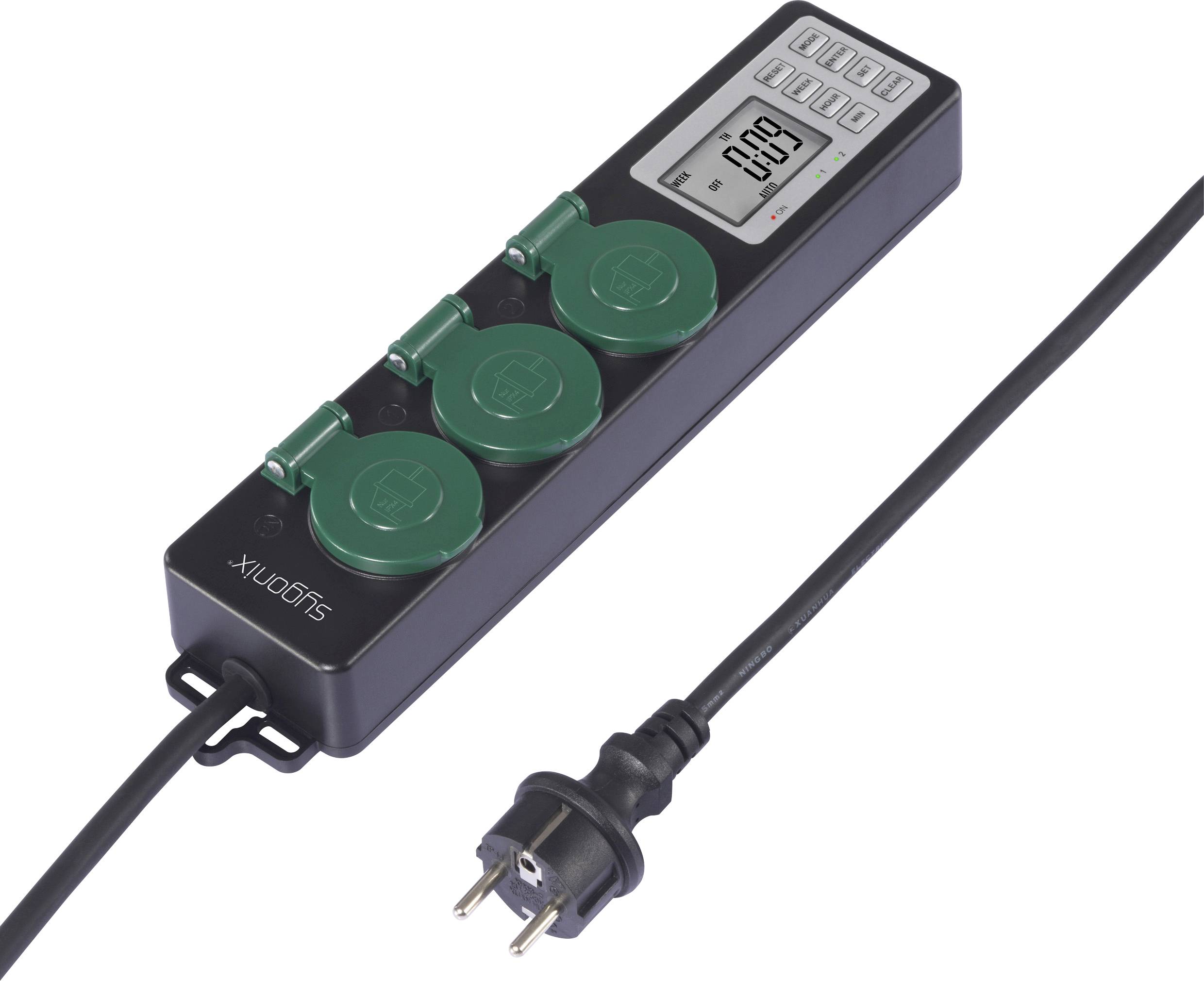 Sygonix SY-6786454 Gartensteckdose mit Zeitschaltuhr 3fach Schwarz, Grün Schutzkontakt 1 St.