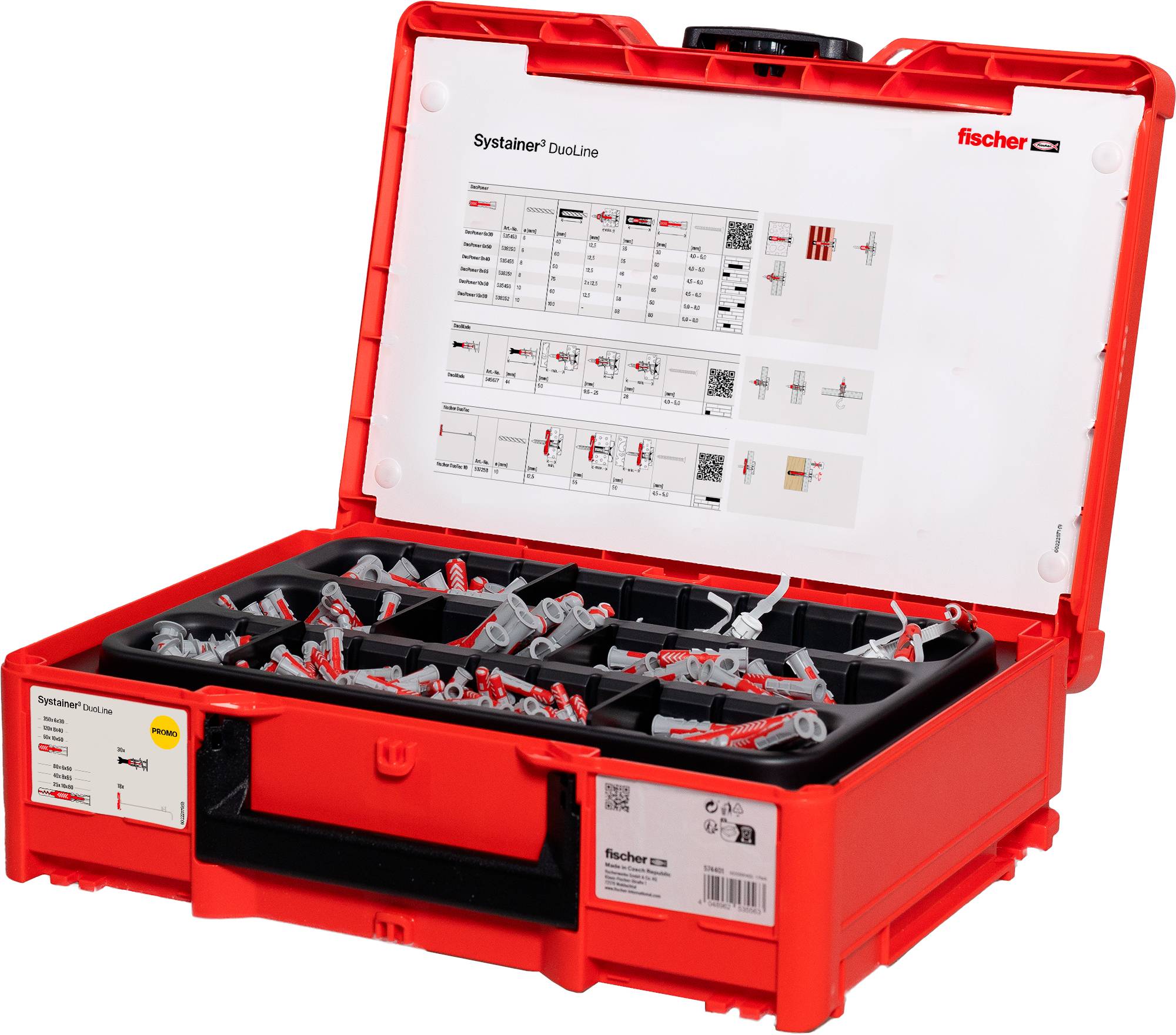 Rote Organisierbox offen mit verschiedenen Steckern, die ordentlich in Fächern angeordnet sind. Anleitungsblatt mit Diagrammen und Details auf dem Deckel.