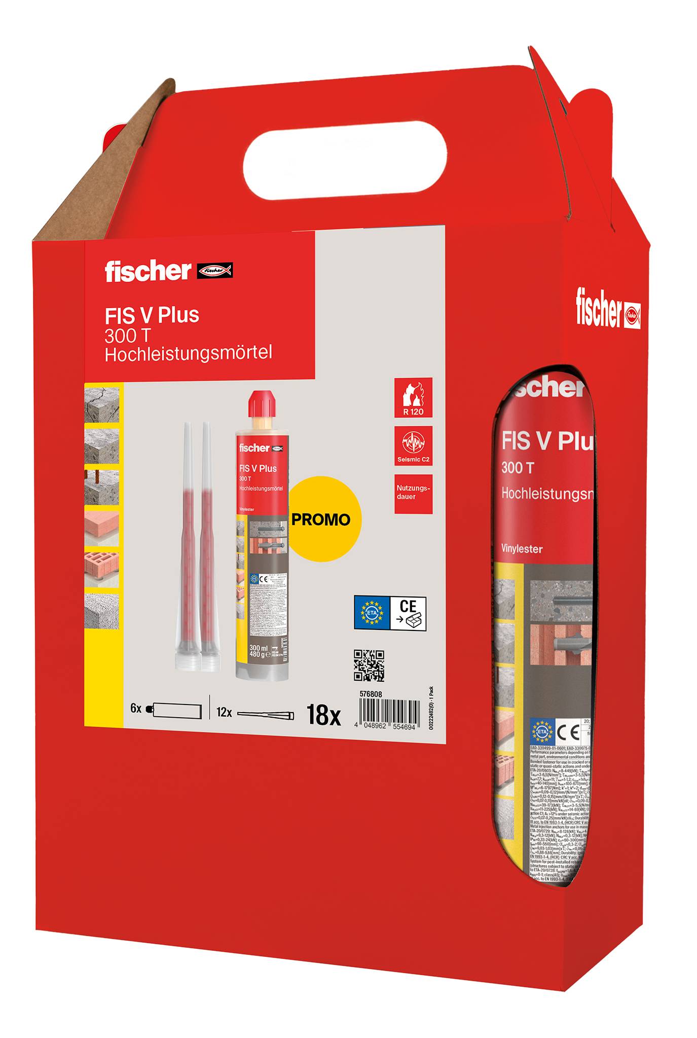 Red Fischer FS V Plus 300 T Hochleistungsmörtel Werbekarton mit Produktbildern und Etiketten.