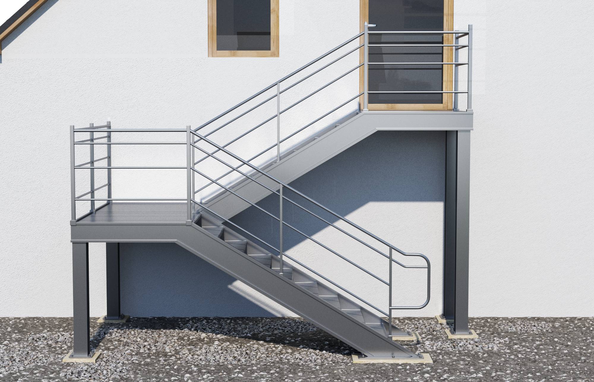 Außenmetalltreppe mit Podesten und Geländern, die an einem Gebäude befestigt sind und zu einer oberen Tür führen.