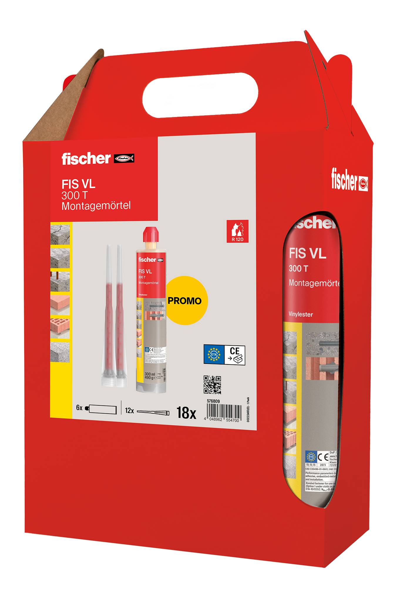 Red Fischer FIS VL 300 T Verpackung der Befestigungsmörtelbox mit Griffausschnitt und Produktabbildung auf der Vorderseite.