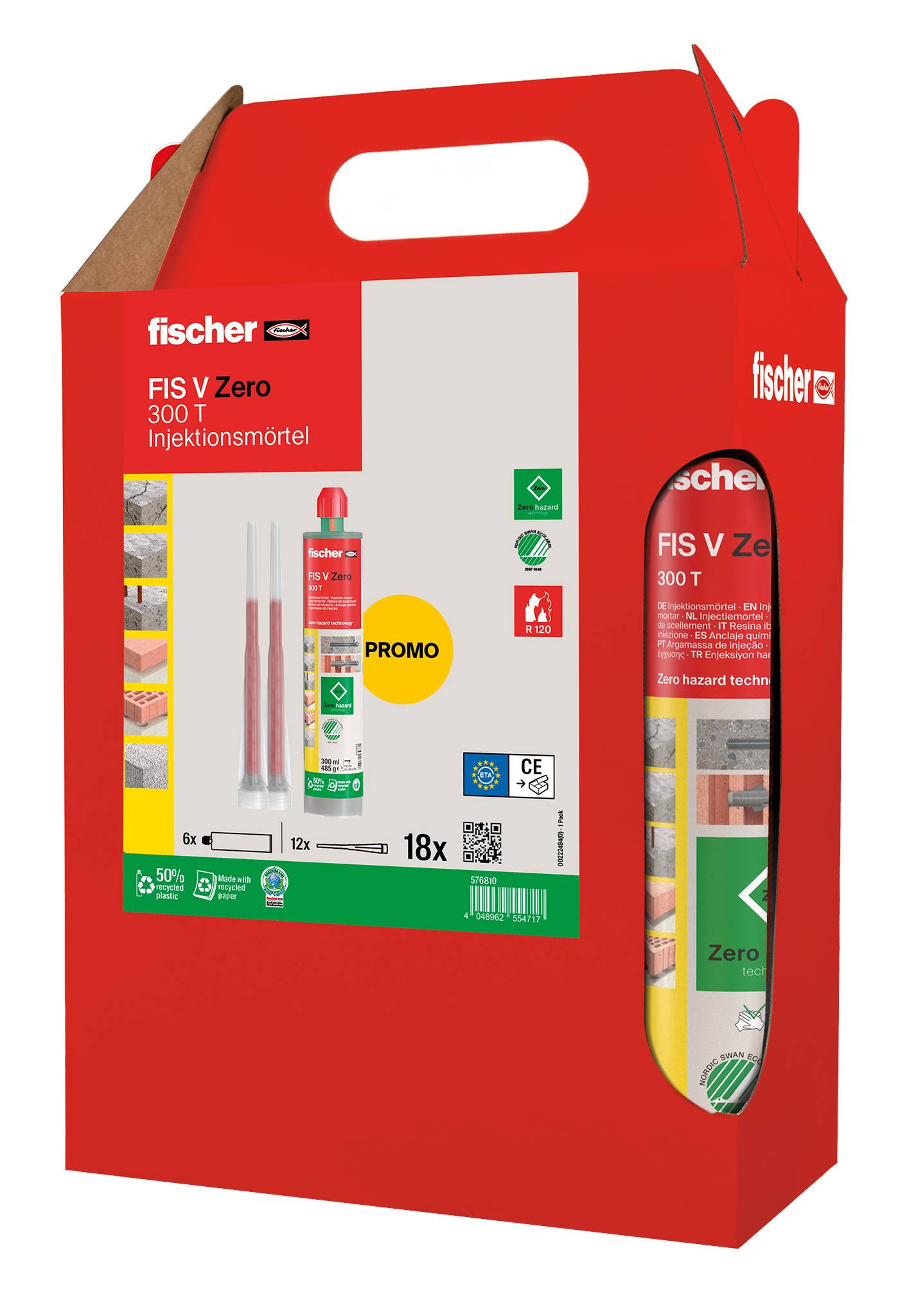 Rote Fischer FIS V Zero 300 T Injektionsmörtelbox mit Griffaussparung und Produktetikett mit Kartusche und Mischdüsen.