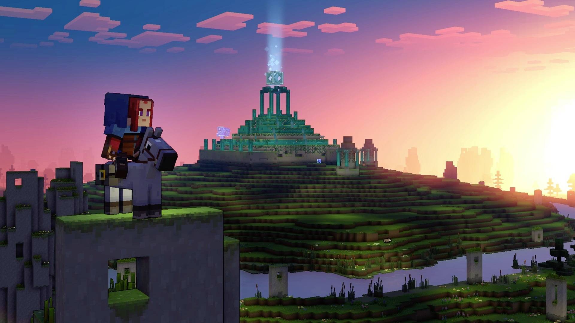 Eine Figur steht in einer Minecraft-ähnlichen Welt auf einem Hügel und blickt auf eine beleuchtete, pyramidenartige Struktur im Hintergrund.