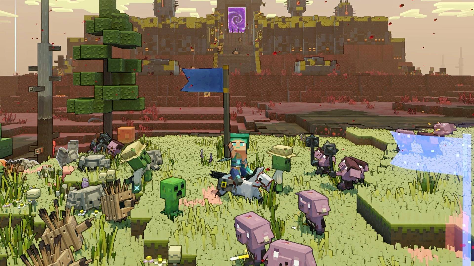 Im Vordergrund stehen unterschiedliche Minecraft-Tiere und Kreaturen auf einer Wiese. Im Hintergrund ist eine große Festung zu sehen.