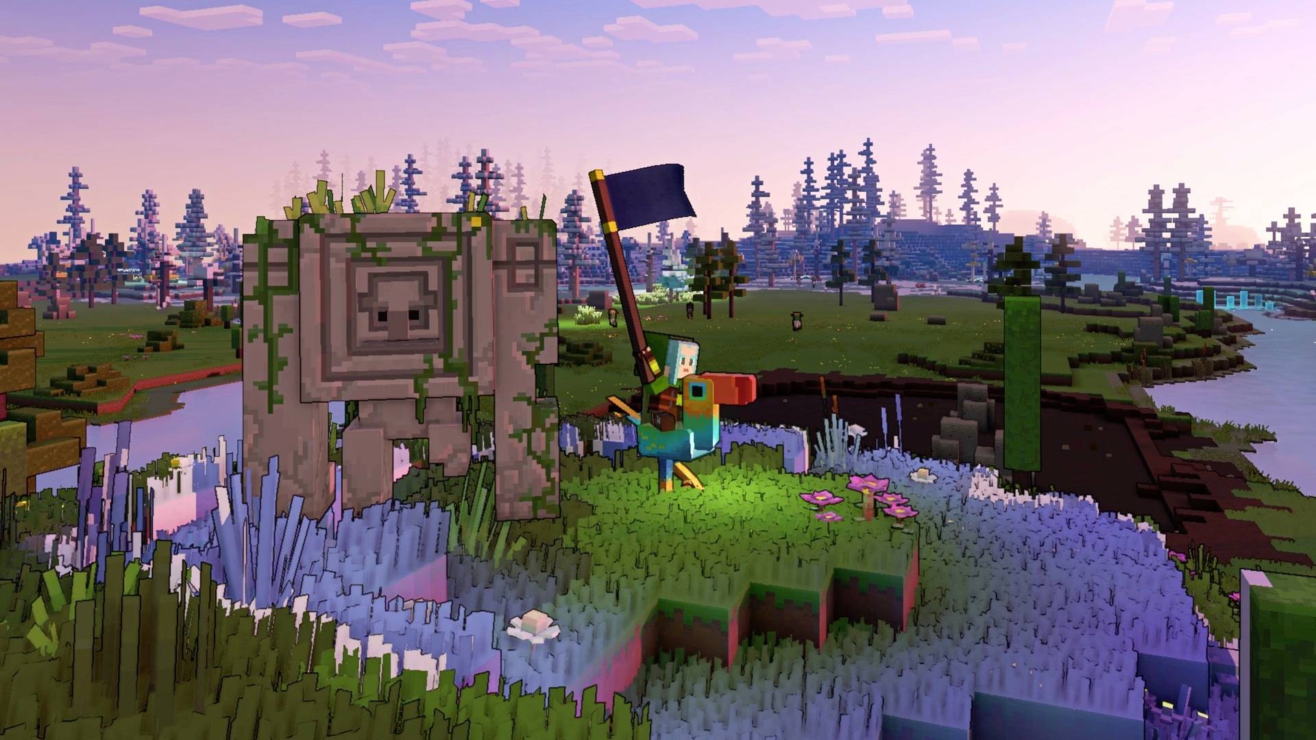 Ein pixeliger Vogel mit einer Flagge steht neben einem mit Efeu bewachsenen Steinblock. Hintergrund: Landschaft bei Sonnenuntergang.