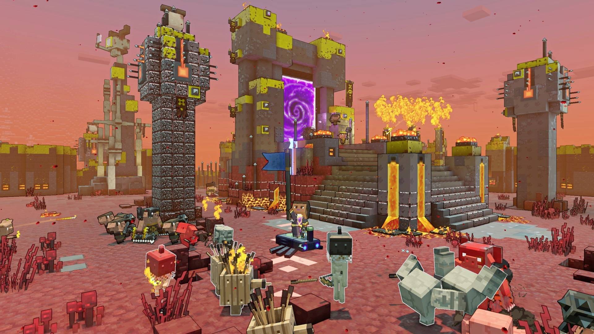Eine kreative Minecraft-Landschaft in einer heißen, vulkanischen Umgebung mit Türmen, einem leuchtenden Portal und verschiedenen Kreaturen.