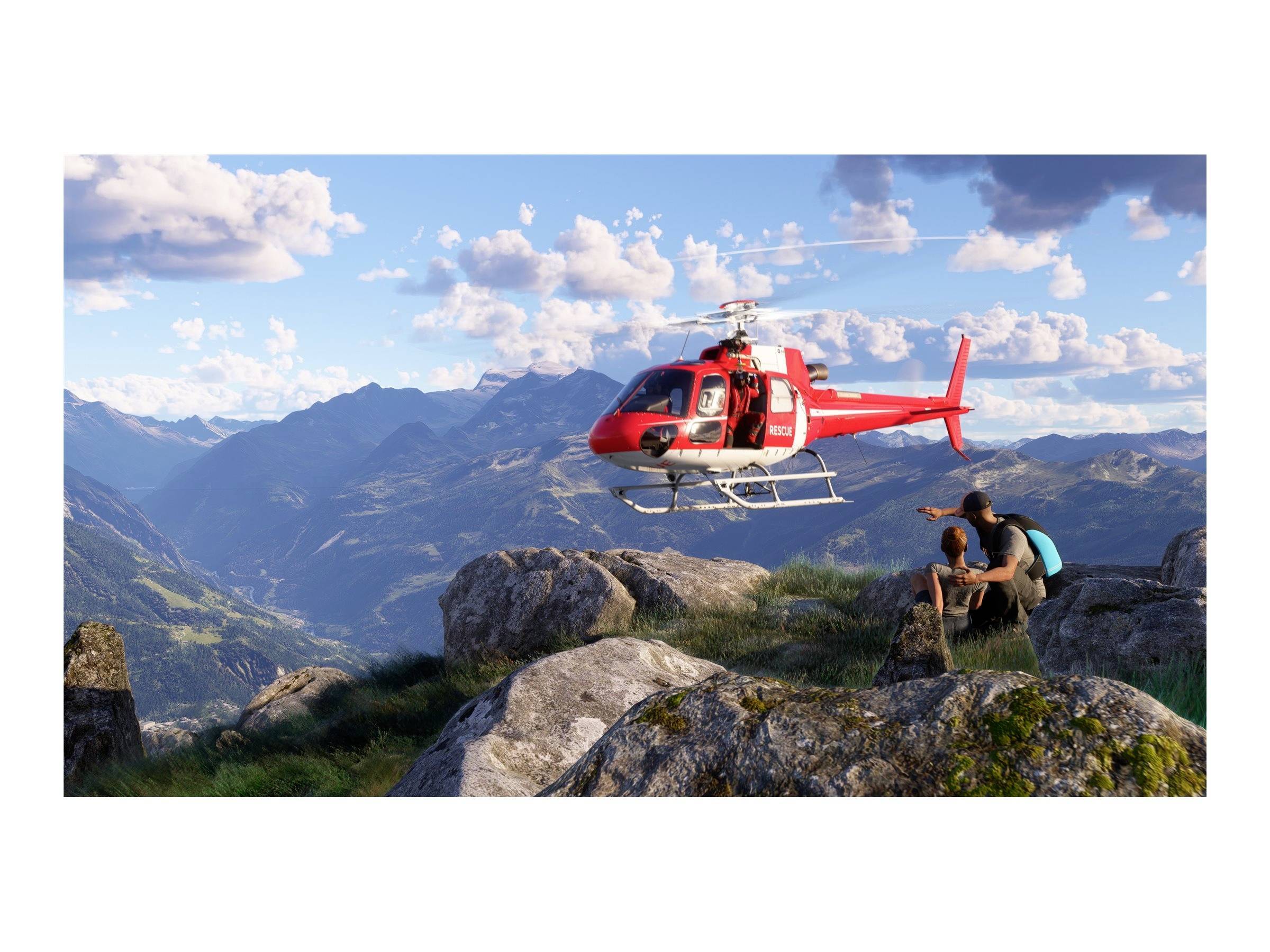 Ein roter Hubschrauber fliegt in einer bergigen Landschaft, während eine Person auf einem Felsen sitzt und darauf zeigt. Wolken am Himmel.
