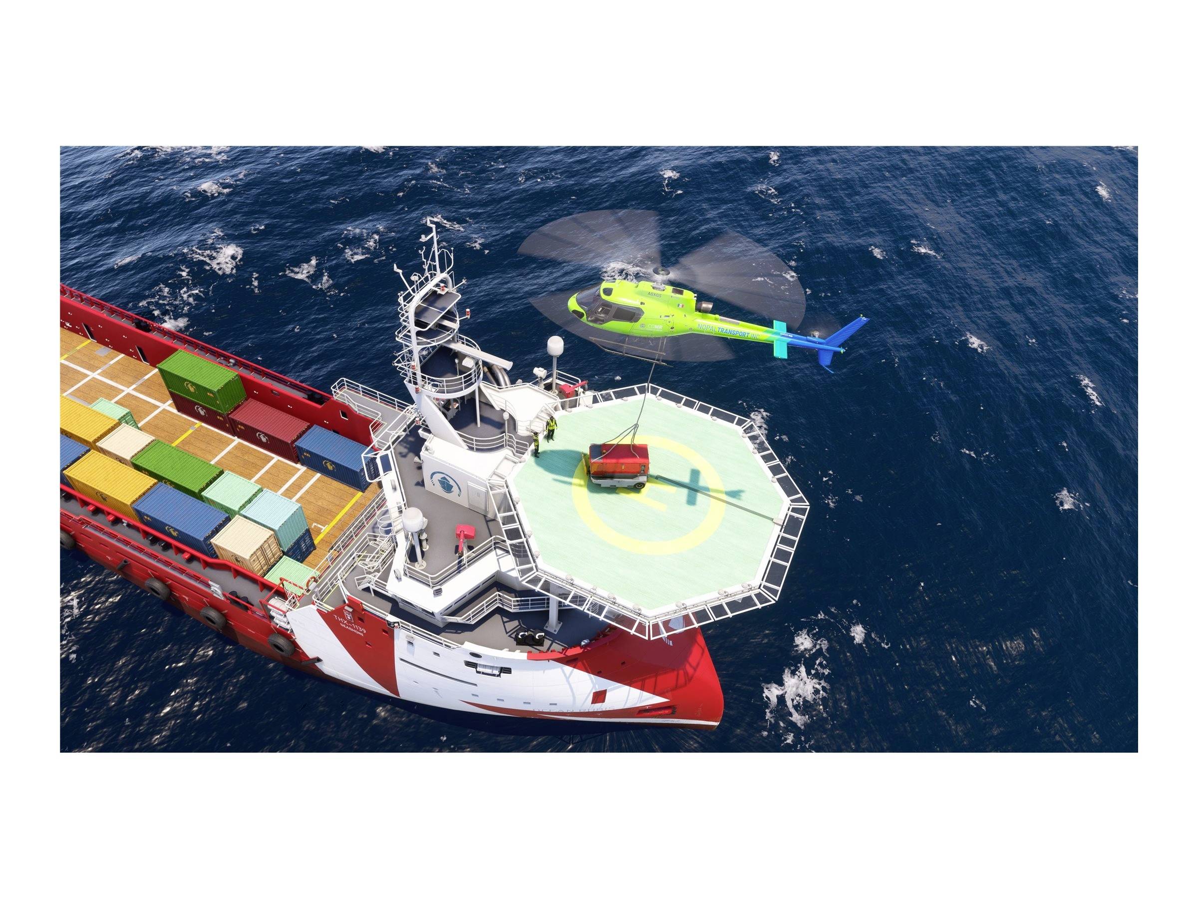 Ein rotes Frachtschiff mit Containern auf dem Meer. Ein grüner Hubschrauber landet auf dem Schiffslandeplatz.
