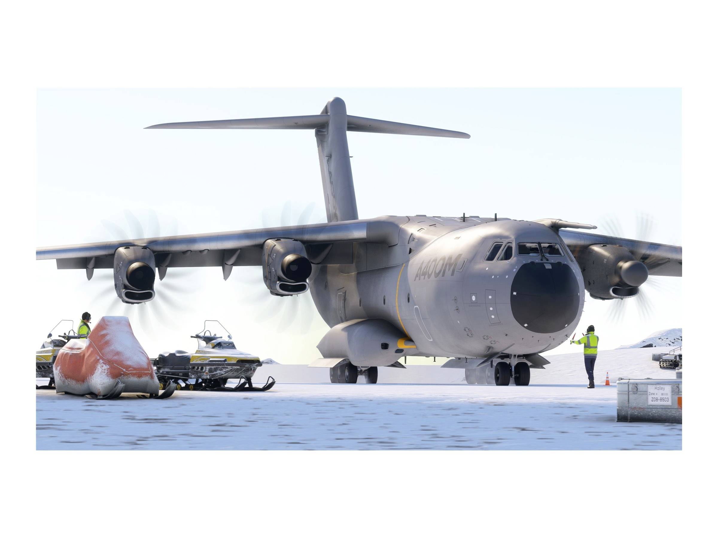 Ein großes Flugzeug mit laufenden Propellern steht auf einer verschneiten Landebahn. Zwei Personen in gelber Kleidung sind sichtbar.