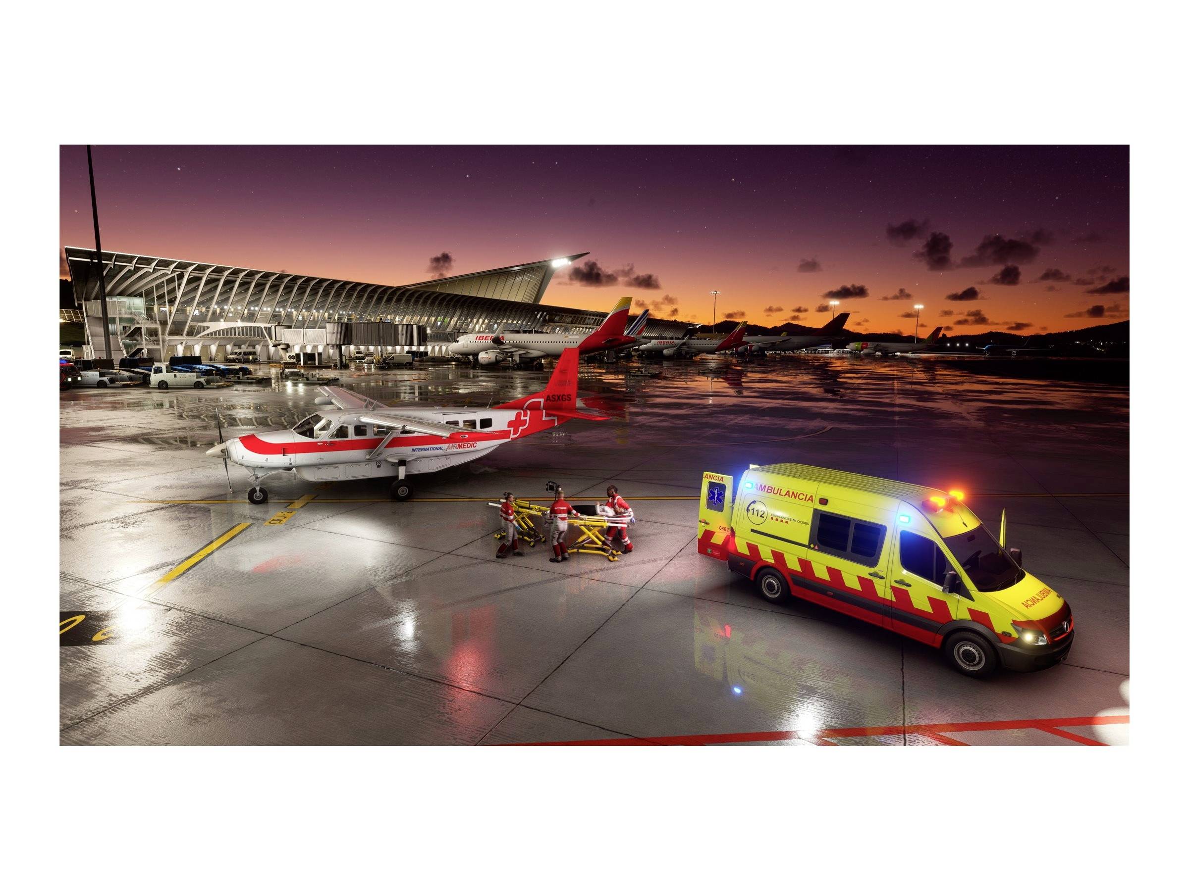 Ein Flugzeug und ein Krankenwagen stehen nachts nebeneinander auf einem Flughafen. Rettungskräfte kümmern sich um eine Person auf einer Trage.