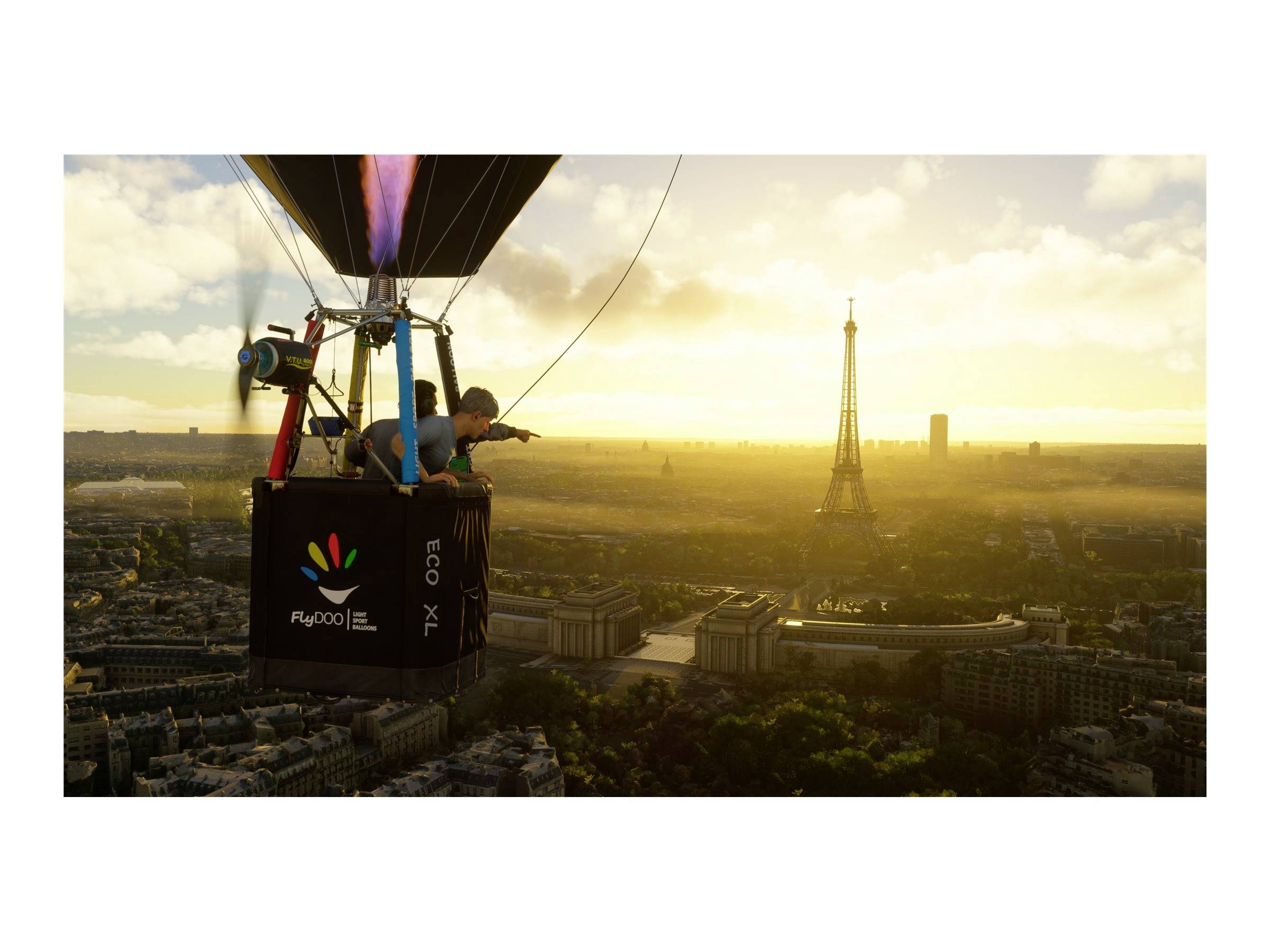 Eine Person schaut bei Sonnenuntergang aus einem Heißluftballon auf Paris, mit dem Eiffelturm im Hintergrund.