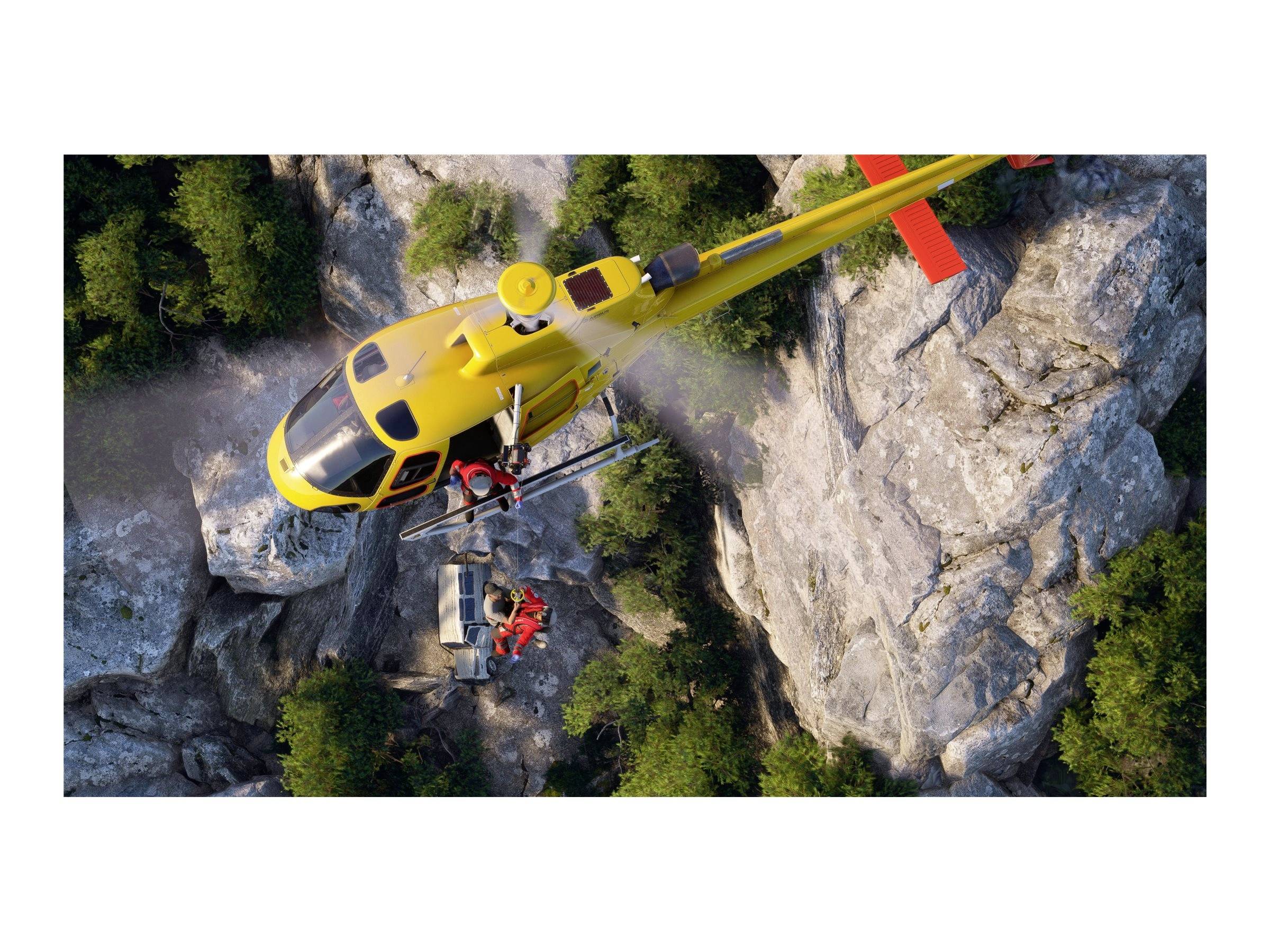Rettungshubschrauber über felsiger Landschaft, Rettungspersonal seilt sich ab, um eine Person in Notlage zu helfen.