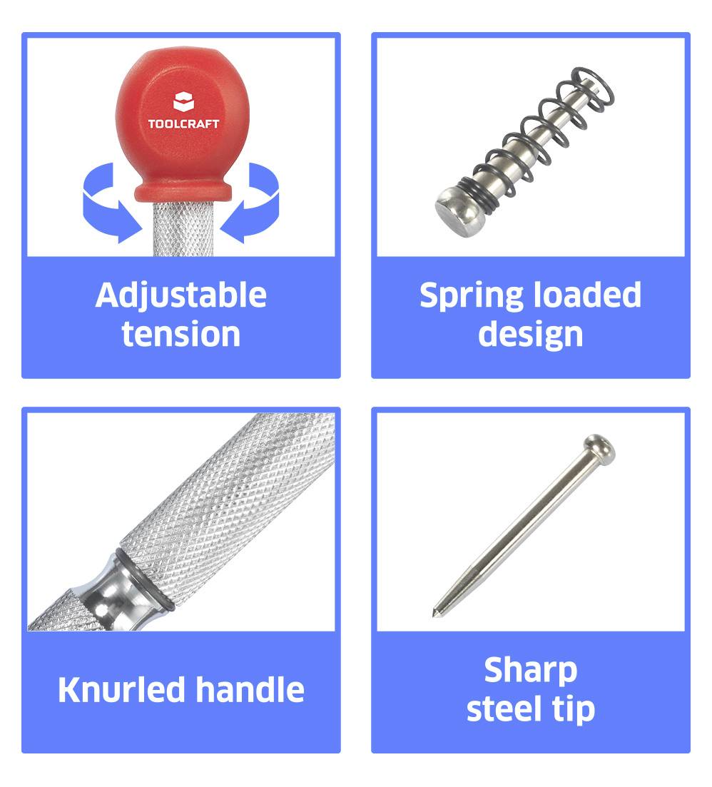 'Werkzeuggriff mit einstellbarer Spannung', 'Federbelastetes Design', 'Gerändelter Griff', 'Scharfe Stahlspitze'.