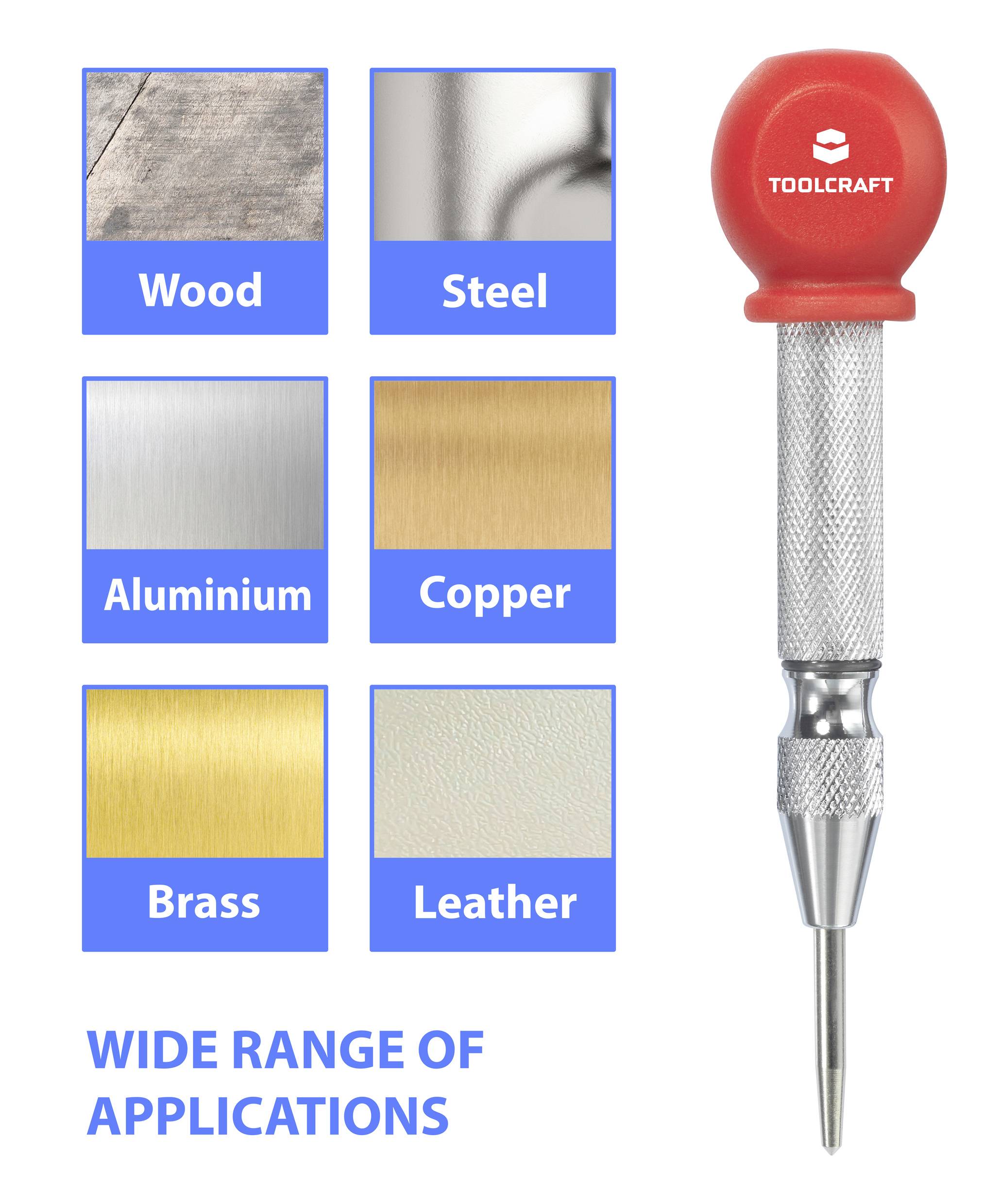 Werkzeug mit rotem Griff und Metallspitze. Geeignet für Holz, Stahl, Aluminium, Kupfer, Messing und Leder. Text: 'Vielseitige Anwendungen'.