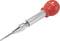 Metallischer Körner mit rotem Kunststoffgriff und feiner Spitze, verwendet zum Einkörnen von Werkstücken vor dem Bohren.