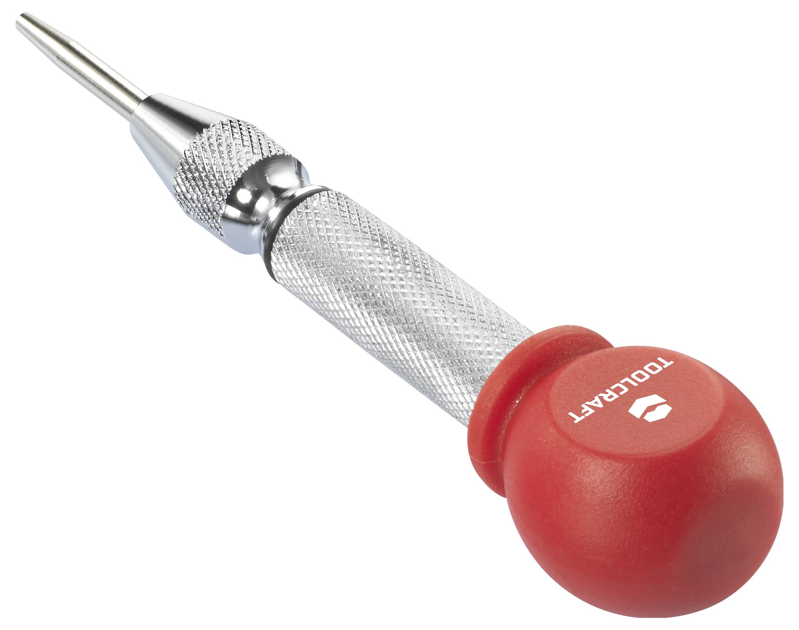 Silberner Werkzeuggriff mit geränderter Oberfläche und rotem Kopf mit der Aufschrift 'TOOLCRAFT'.