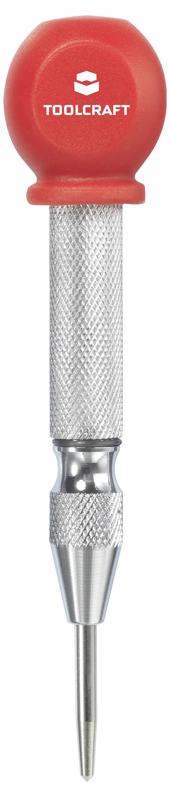 Werkzeug: Automatischer Körner mit rotem Griff und silbernem Metallkörper. Ideal zum Markieren von Oberflächen vor dem Bohren.