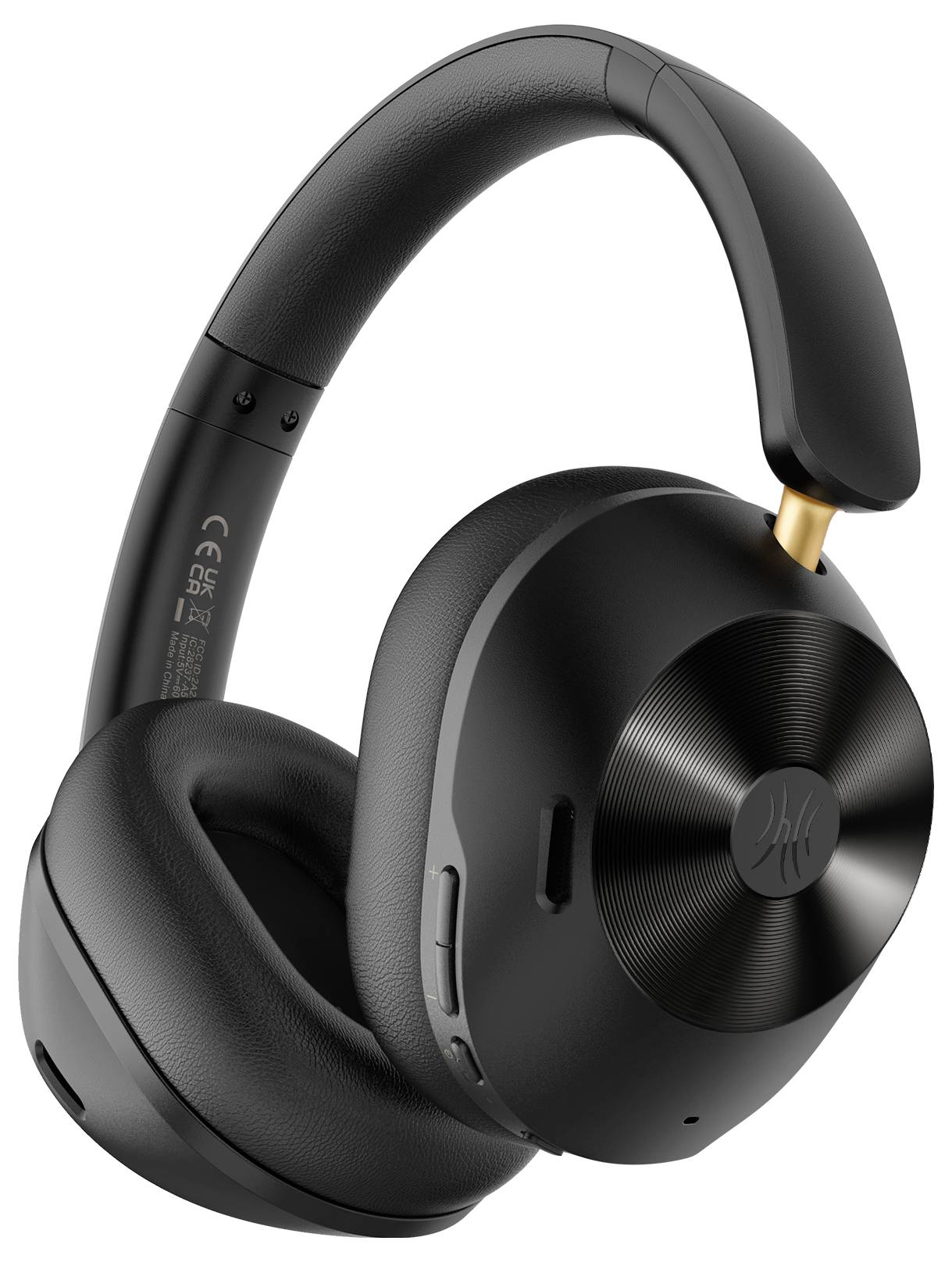 Schwarzer Over-Ear-Kopfhörer mit polierten Ohrmuscheln und gepolstertem Bügel. Modernes Design mit Bedienelementen an der Seite.