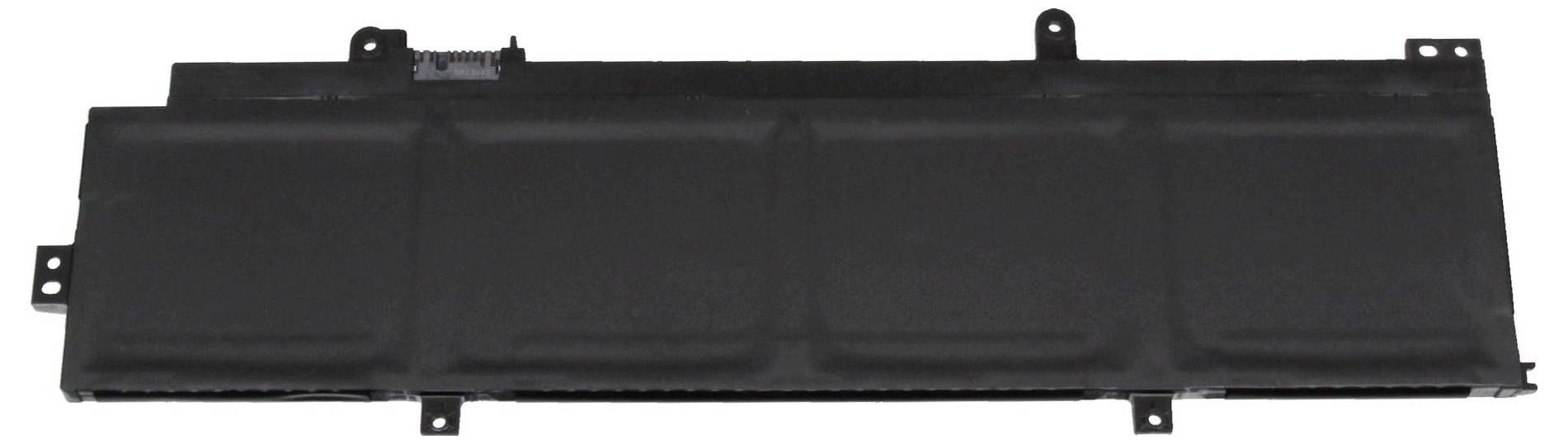 Ein rechteckiger, schwarzer Laptop-Akku mit glatter Oberfläche und mehreren kleinen Befestigungslaschen an den Rändern.