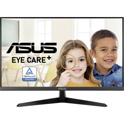 Ein Computerbildschirm mit der Aufschrift 'ASUS EYE CARE +'. Im Hintergrund sind zwei lächelnde Kinder in einem Klassenzimmer zu sehen.