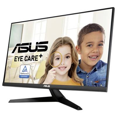 Ein ASUS-Monitor mit der Aufschrift 'Eye Care+' zeigt zwei lächelnde Kinder im Klassenzimmer. TUV Rheinland-zertifiziertes Modell.