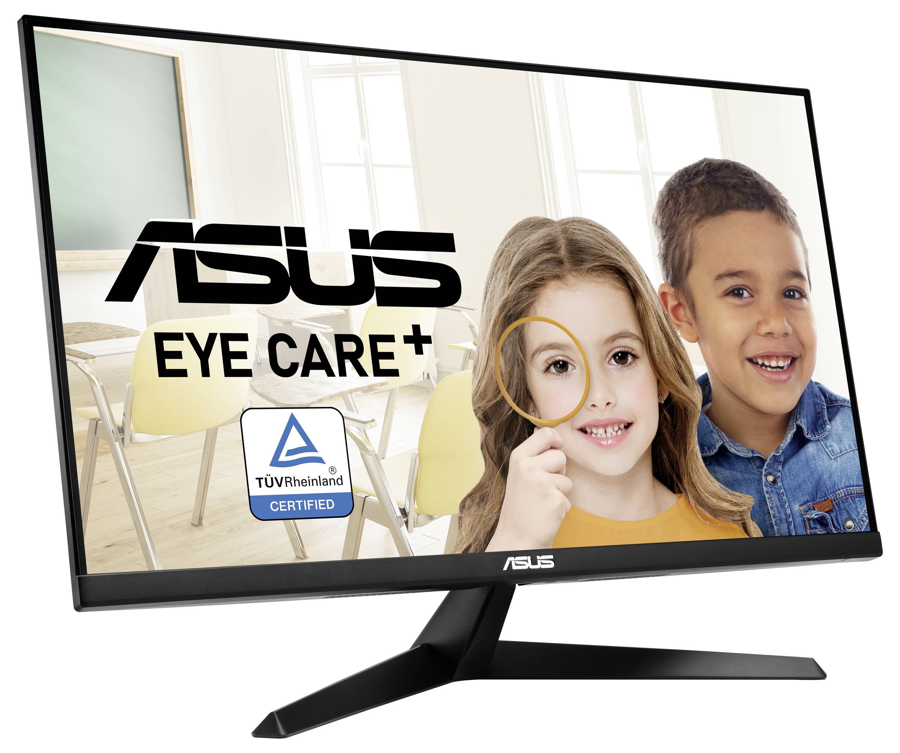 Ein ASUS-Monitor mit 'Eye Care+'-Technologie, zertifiziert von TÜV Rheinland angezeigt. Im Hintergrund zwei lachende Kinder.