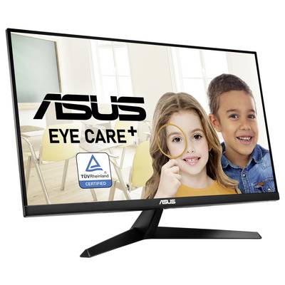 Ein ASUS-Monitor mit 'Eye Care+'-Technologie, zertifiziert von TÜV Rheinland angezeigt. Im Hintergrund zwei lachende Kinder.