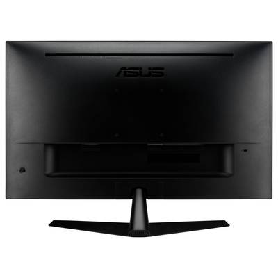 Schwarzer Monitor von hinten mit dem Markenlogo 'ASUS' oben in der Mitte, schlichtes Design, zentrischer Standfuß.