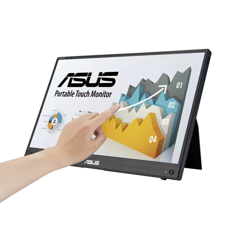 Eine Hand berührt einen ASUS Portable Touch Monitor, der ein 3D-Diagramm mit steigenden Trendlinien zeigt.