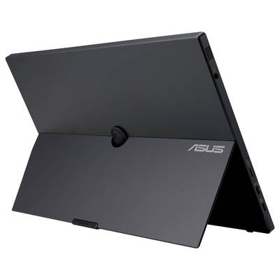 Ein schwarzer Monitor im Profil mit aufklappbarem Ständer. Sichtbare Anschlüsse: HDMI, zwei USB-C-Ports und Audio-Ausgang.