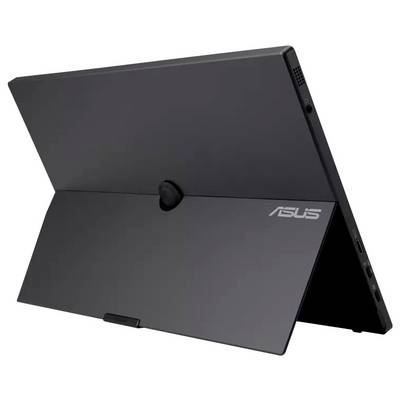 Ein schwarzes ASUS-Tablet mit aufgeklapptem Ständer, auf einem Tisch platziert, zeigt die Rückseite mit dem ASUS-Logo.