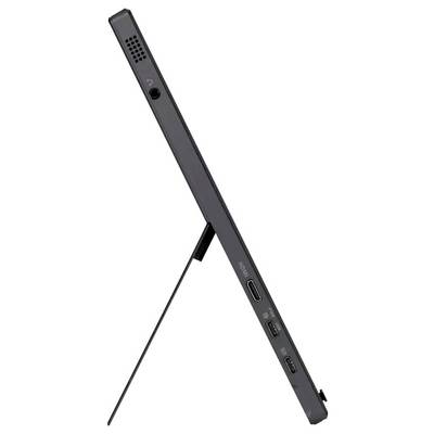 Seitenansicht eines flachen, tragbaren Monitors auf einem Ständer mit sichtbaren Anschlüssen: HDMI, zwei USB-C-Ports, und Kopfhöreranschluss.