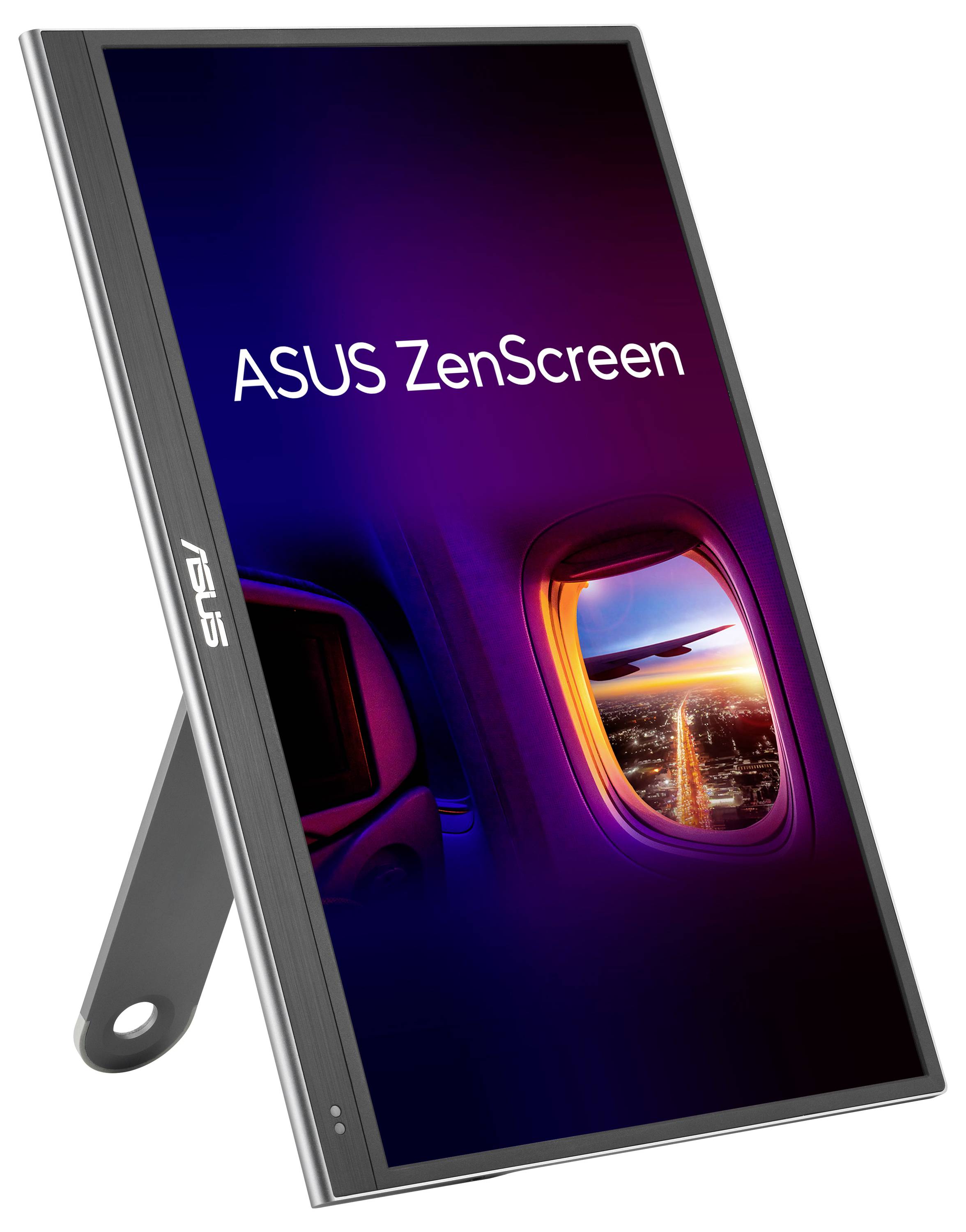 Tragbarer ASUS ZenScreen-Monitor mit einem Bild einer Flugzeugkabine, das aus dem Fenster eine Aussicht auf eine Stadt bei Sonnenuntergang zeigt.
