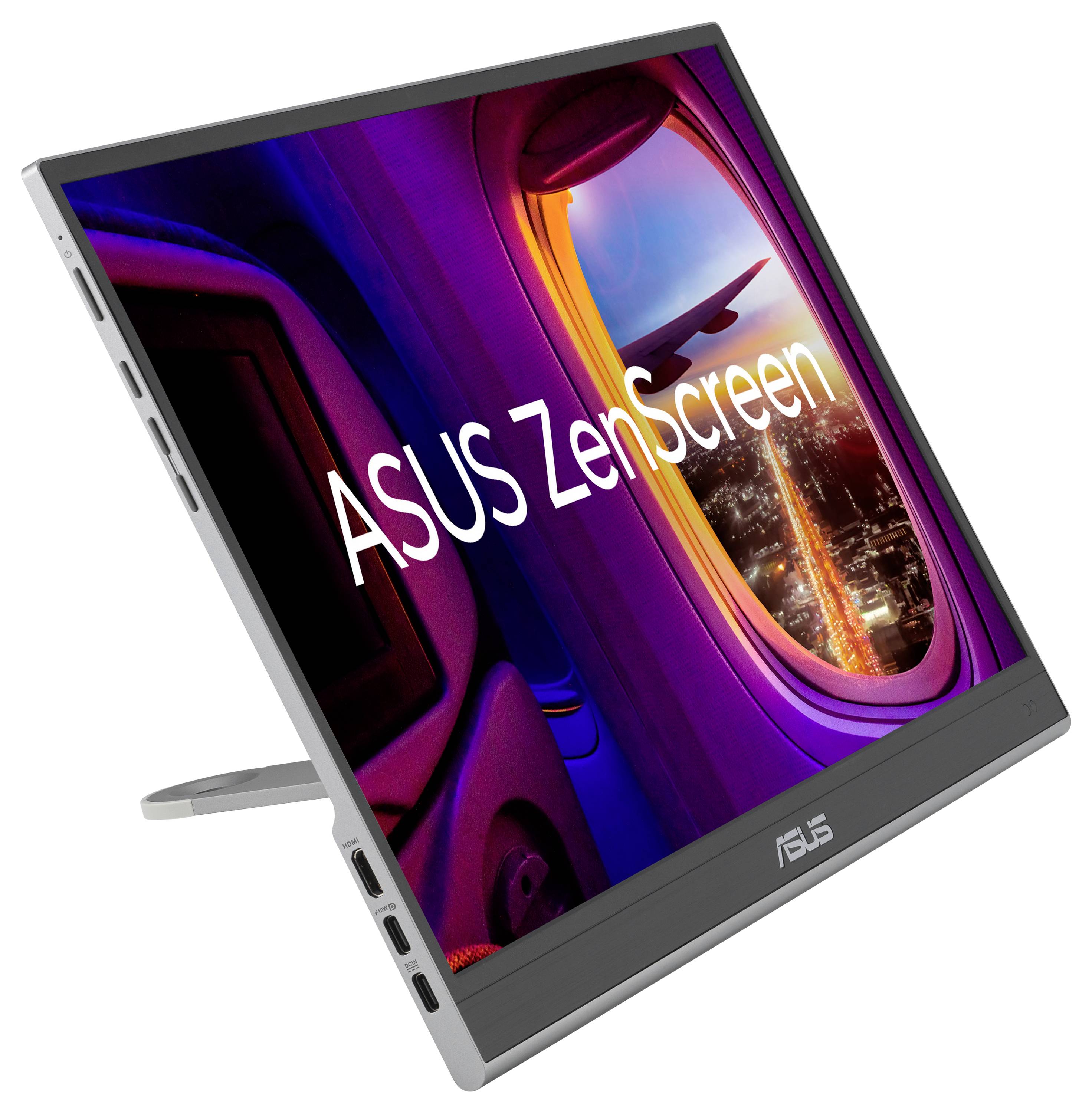 Tragbarer ASUS ZenScreen-Monitor neben einem Flugzeugfenster, zeigt Stadtlandschaft bei Sonnenuntergang, betont Mobilität und Design.