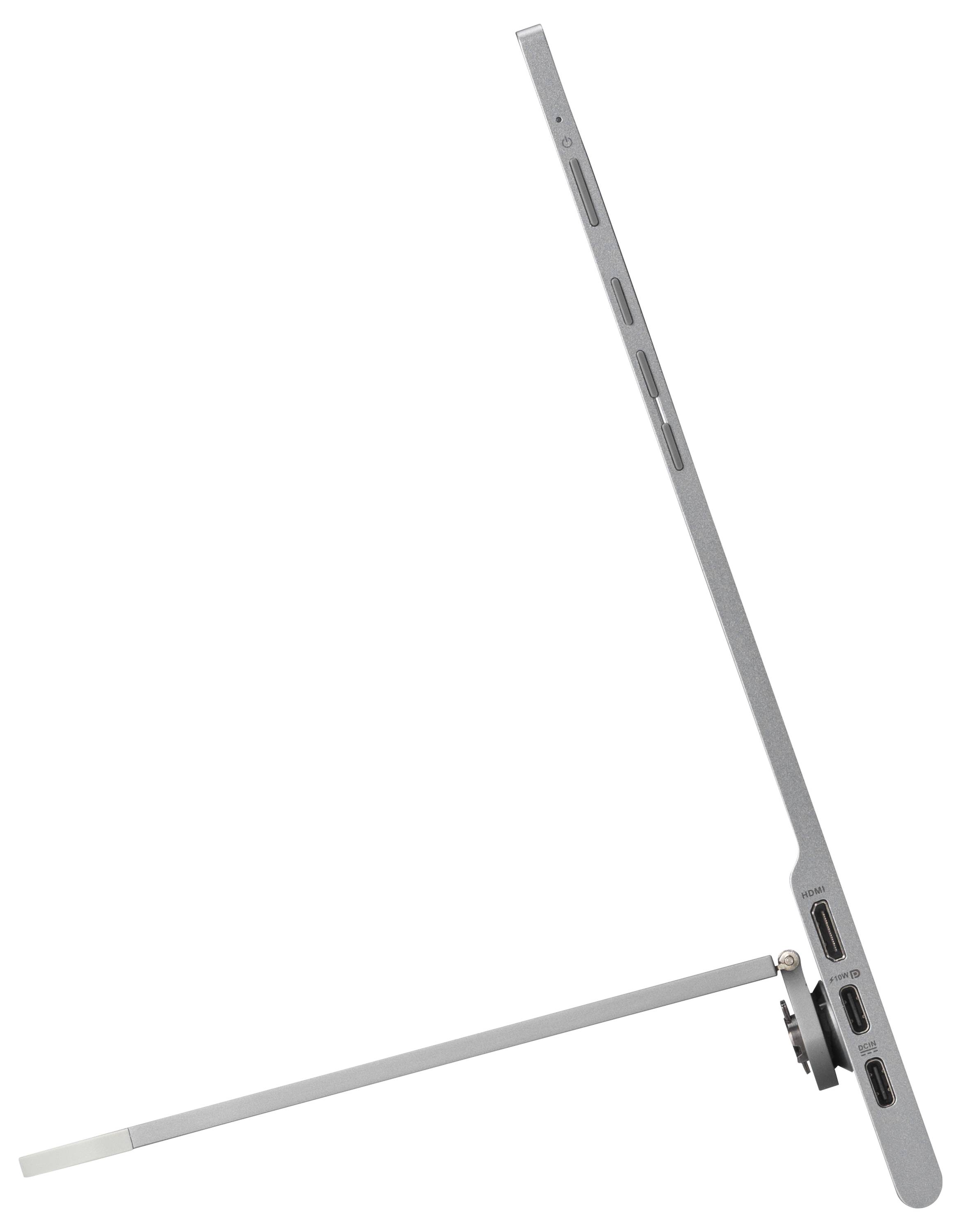 Seitenansicht eines dünnen, modernen Standbildschirms mit integrierter Standhalterung. Mehrere Anschlussports sind sichtbar.