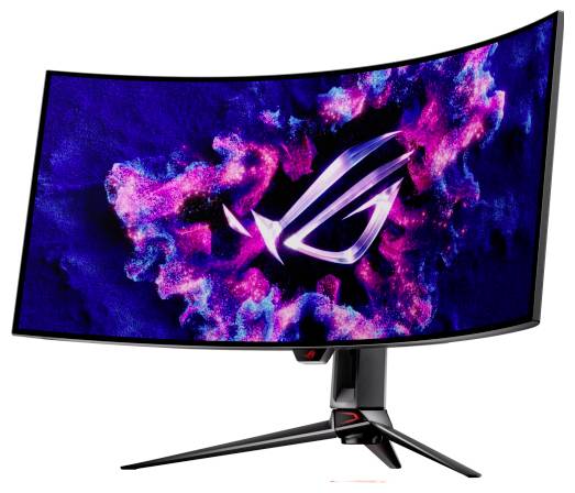 Ein gebogener Gaming-Monitor mit einem lebhaften, rosa-blauen Hintergrund und einem stilisierten Logo in der Mitte.