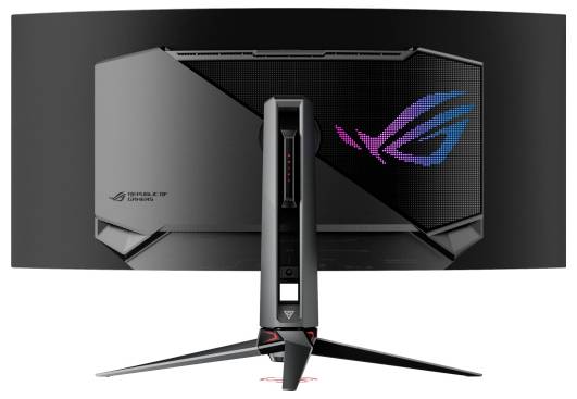 Hintere Ansicht eines gebogenen Gaming-Monitors mit großem Ständer, RGB-Beleuchtung und Fokus auf das markante Design des Gehäuses.