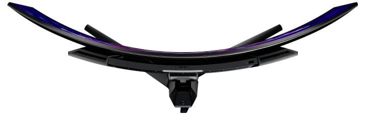 Von oben sichtbarer, geschwungener Bildschirm eines modernen Monitors auf einem stabilen Ständer.