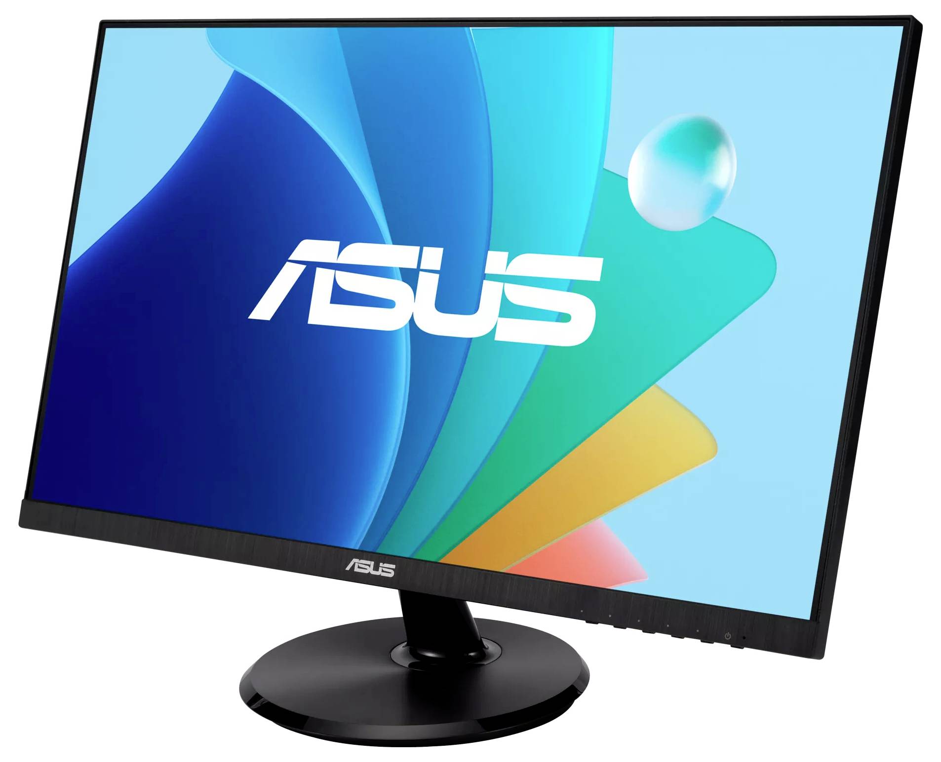 'Ein ASUS-Monitor mit einem modernen, schlanken Design. Der Bildschirm zeigt ein grafisches Hintergrundbild in Blau- und Grüntönen.'